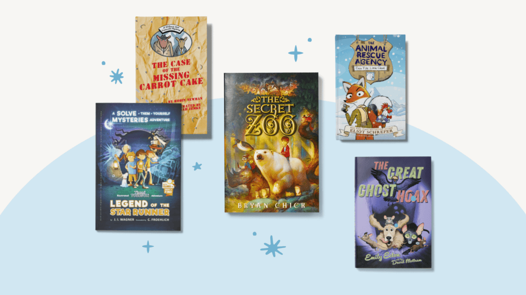 A collection of five children's mystery books on curved blue background with stars.