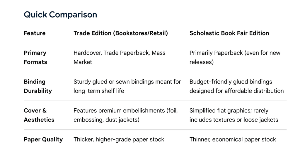 Quick Comparison Trade Edition (Bookstores/Retail) and Scholastic Book Fair Edition